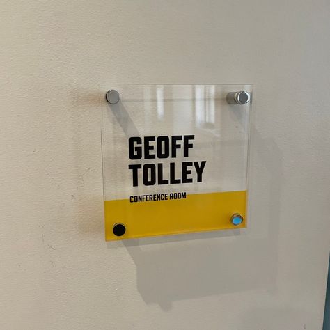 We made these custom acrylic identification signs to mark meeting rooms at Chemistry, a creative advertising agency. They honored past partner Geoff Tolley by naming the main agency conference room after him, and also showed their love for a certain local amusement park’s most famous rides – the Jack Rabbit and Thunderbolt.

#spark #signs #signage #signdesign #signagedesign #interiorsigns #acrylicsigns Conference Room Signage, Meeting Room Sign, Mission Statement Design, Meeting Room Signage, Meeting Room Names, Conference Marketing, Restroom Signage, Restrooms Signage, Room Signage