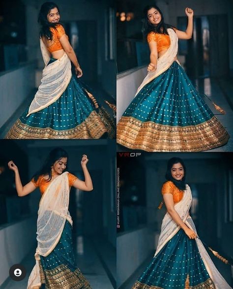 Rashmika In Lehenga, Half Saree Pic Poses, Half Saree Poses Photoshoot Ideas At Home, Half Saree Pics Poses, Poses In Half Saree For Photoshoot, Half Saree Photo Poses, Half Saree Photoshoot Poses, Half Saree Stills Indoor, Half Saree Poses Photoshoot Ideas