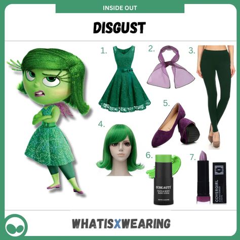 Disgust 'How To' DIY Costume Guide Diy Disgust Costume Inside Out, Dressing Up As Inside Out Characters, Disgust Inspired Outfits, Diy Envy Costume Inside Out, Inside Out Disgust Outfit, Disgust Inside Out Halloween Costume, Family Inside Out Costumes, Disgust Inside Out Outfit, Kids Book Week Costumes