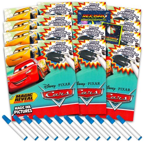 PRICES MAY VARY. Disney Cars Imagine Ink Coloring Book Set for Kids - 12 Pack No-Mess Magic Ink Coloring Books featuring Lightning McQueen with Rex-Man Stickers and Door Hanger (Disney Cars Party Favors Bundle). This Disney Cars gift set includes 12 Cars magic ink game books. Each book contains 6 pages of no mess coloring fun and 6 mini magic ink markers. Use the magic marker to reveal a rainbow of colors on every page as you play with Lightning McQueen, Mater, and friends. Perfect to hand out a Cars Party Favors, Disney Cars Toys, Car Activities, Disney Cars Party, Ink Markers, Magic Car, Cars Theme Birthday Party, Cars Party, Car Themes