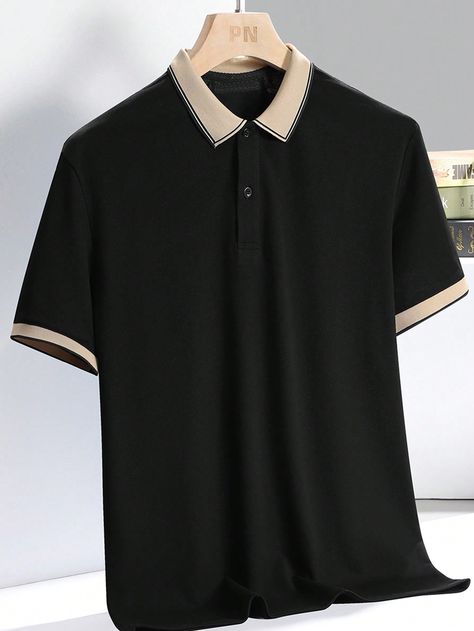 Black Casual Collar Short Sleeve Knitted Fabric   Embellished Slight Stretch  Men Clothing New Mens Fashion Casual Shirts, Mens Polo T Shirts Collars, Black Polo Outfit Men, Black Shirt Design, Vans Outfit Men, Polo Outfit Men, Polo Shirt Outfit Men, Mens Polos, Polo T Shirt Design