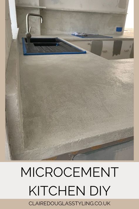 microcement applied to cover kitchen countertops in a diy kitchen makeover Kitchen Cement Countertops, White Cement Countertops, Cement Kitchen Countertops, Microcement Kitchen, Cement Countertop, Concrete Countertop Forms, Cement Kitchen, Cement Countertops, Micro Concrete