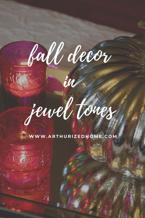 Colorful cottage style continues into the fall with jewel toned decor. I've challenged myself to (mostly) shop the house for these looks. Thanksgiving Decorating Ideas, Jewel Tone Decor, Fall Dining Room Decor, Rich Jewel Tones, Thanksgiving Decorating, Coffee Table Ottoman, Fall Dining Room, Colorful Cottage, Table Ottoman