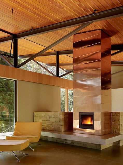 Mountainside Retreat, Mountain House Design, Copper Interior, Metal Fireplace, Warm Color Schemes, Sonoma Valley, Modern Fireplace, Fireplace Tile, Space Decor