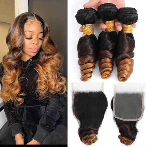 PRICES MAY VARY. Hair Material: 100 percent Malaysia Human Hair Bundles With Closure, Ombre Loose Wave Bundles and Closure and Baby Hair. Hair Bundles:95-100g/Bundle(3.3oz-3.5oz/bundle); Lace Closure:30-50g; 3 Bundles and Closure/pack (For the length, Stretching The Curly Hair to be STRAIGHT Then Measure it) Hair Color: T1B/4/30 Color Can be Straightened,Permed, Bleached,Highlighted,Curled or Styled as your own hair. Lace Color: Light Brown Lace, 150 percent density. Advantage:Double Machine Wef Best Hair Bundles On Amazon, Closure Weave, Quick Weave Hairstyles, Hair Ombre, Bundles With Closure, Hair Solutions, Human Hair Bundles, Hair Crush, Hair Life