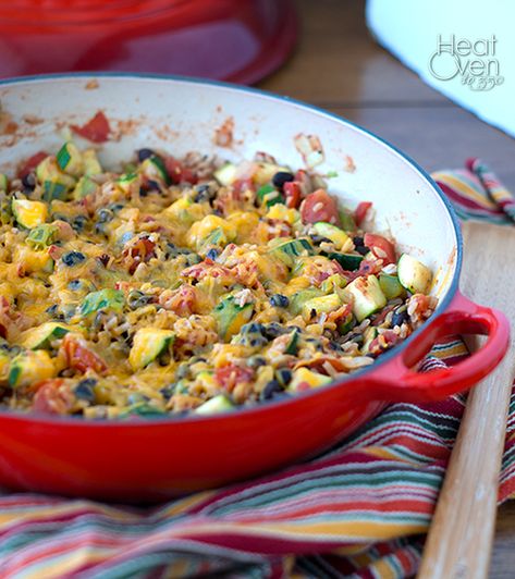 Zucchini, Black Bean and Rice Skillet ~ Heat Oven to 350 Black Bean And Rice, Zucchini Rice, Bean And Rice, Vegetarian Casserole, Rice Skillet, Black Beans And Rice, Meatless Main Dishes, Tasty Vegetarian Recipes, Healthy Side Dishes