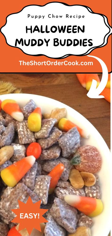 A bowl of holiday Chex muddy buddies mix with Halloween candies. Halloween Muddy Buddies, Muddy Buddy Recipe, Cereal Party, Muddy Buddies Recipe, Halloween Candies, Muddy Buddy, Harvest Festivals, Sweet Savory Recipes, Puppy Chow Recipes