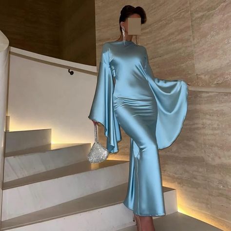 SF027 Arabic Light Blue Mermaid Evening Dress with Flare Long Sleeves Criss Cross Dubai Women Wedding Party Gowns Arabic Party, Baju Pengapit, Elegant Silk Dresses, Silk Prom Dress, Modest Dresses Fashion, Modest Evening Dress, Dinner Dress Classy, Elegant Dresses Classy, Flare Long Sleeve