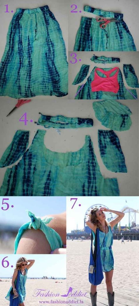 Fashion a cute dress from an oversized skirt? Yes please! | 41 Awesomely Easy No-Sew DIY Clothing Hacks Mode Coachella, Moda Coachella, Diy Summer Clothes, Diy Sy, Dress Craft, Diy Clothes Refashion, Haine Diy, Mode Tips, Diy Clothes Videos