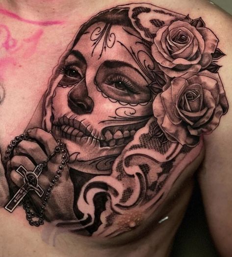 Mexico Back Tattoo, Mexican Female Tattoo, 49er Tattoos For Women, Mexican Skull Tattoos Women, Dia De Los Muertos Tattoo Ideas Woman, Aztec Tattoo Mexican For Women, Mexican Skeleton Tattoo, Half Woman Half Skull Tattoo, Mexican Inspired Tattoos For Women