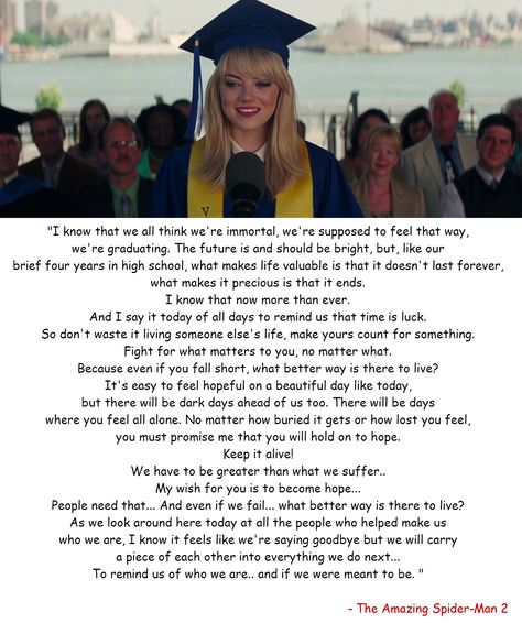 Gwen Stacy Quotes Amazing Spiderman, Gwen Stacy The Amazing Spider Man 2, Gwen Stacy Tasm Aesthetic, Spider Man Senior Quotes, The Amazing Spiderman Quotes, Amazing Spider Man Aesthetic, The Amazing Spider-man 2, Gwen Stacy Quotes, Spider Man And Gwen Stacy