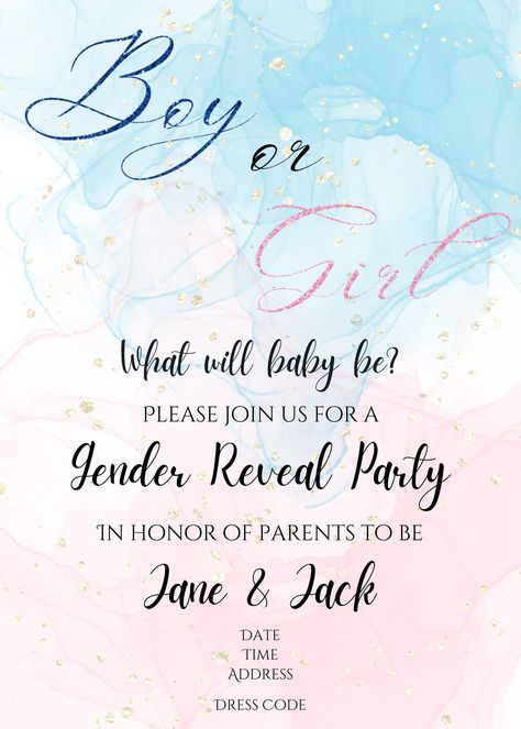 Gender Reveal Party Invitations Template, He Or She Gender Reveal Invitations, Gender Reveal Cards Invitations, Gender Reveal Flyer Ideas, Gender Reveal Invitations Ideas, Gender Reveal Invitations Template Free, Gender Reveal Invitation Ideas, Digital Gender Reveal, Gender Reveal Boy