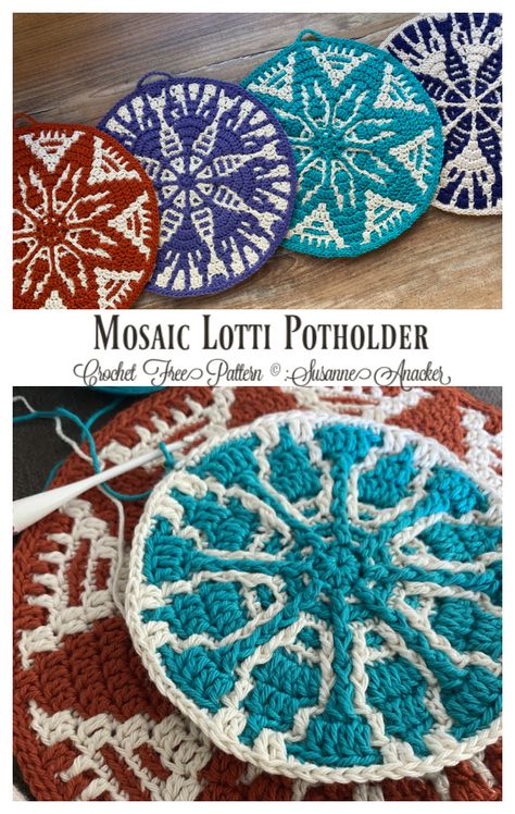 Lotti Potholder Crochet Free Pattern - Crochet & Knitting Round Crochet Potholder Patterns, Mosaic Crochet Potholder Patterns Free, Mosaic Crochet Potholder, Crochet Trivet Free Pattern Hot Pads, Pot Holder Crochet Pattern Free, Potholder Crochet Pattern Free, Crochet Hot Pads Free Pattern, Crochet Trivet Free Pattern, Crochet Potholders Free Patterns