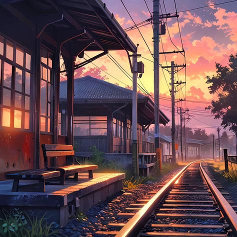 You remember that little train station just outside of town? I always loved being there at dusk, watching the golden light pour over the tracks. There was something calming about the quiet, just sitting on that old bench as the sky turned soft pink and orange. The sound of a distant train, man... it really made you stop and feel like time was standing still for a moment. #anime #manga #art #animeart #kawaii #japanese #aesthetic #vibes #nostalgia #oldtimes #90s #00s Station Anime, Old Benches, 90s Childhood, Aesthetic Vibes, 90s 00s, Kawaii Design, Japanese Aesthetic, 90s Nostalgia, Golden Lights