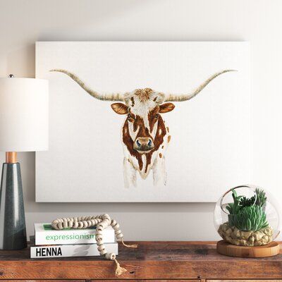 Brown and off-white longhorn bull against a solid off-white background. | Mistana™ Texas Longhorn By Brett Blumenthal Canvas Wall Art Brown/White 30.0 x 40.0 x 1.5 in, Metal | Home Decor | C004456781_1774080920 | Wayfair Canada Art For Living Room Wall Canvases, Longhorn Art Living Room, Long Horn Paintings, Bull Pictures Decor Living Room, Bull Painting Canvases, Western Painting Canvas, Longhorn Painting, Longhorn Art, Longhorn Bull