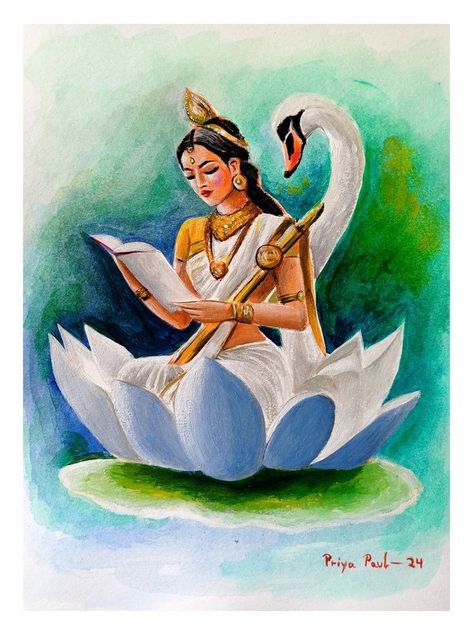 Saraswati Ji Drawing, Cute Saraswati Drawing, Krishna Painting Pencil, Saraswati Painting Easy, Saraswati Drawing Art, Hindu Paintings Easy, Indian Goddess Drawing, India Painting Ideas, Krishna Painting Ideas