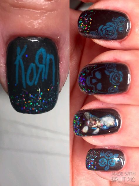 CND Shellac Overtly Onyx with Creative Play Head Over Teal Korn logo and stamping, with Korn doll and Black Holographic and Teal Glitter tips, Nails, Nail Art Godsmack Nails, Korn Band Nails, Korn Nail Art, Korn Doll, Glitter Tips Nails, Korn Logo, Horror Nails, Glitter Tips, Music Notes Art