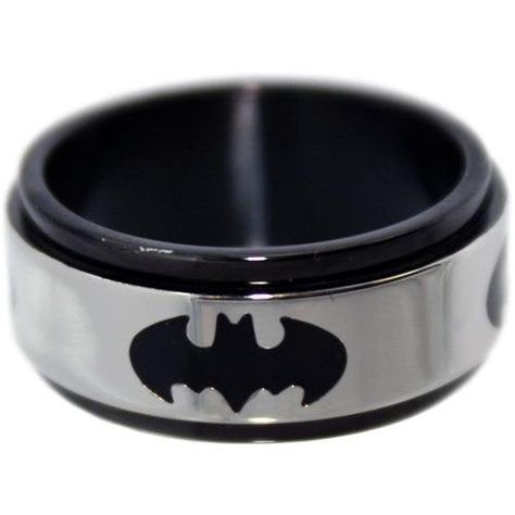 This Batman stainless steel revolving ring is refined and stylish, just like Bruce Wayne. Black bats encircle the outer silver ring, which spins with movement. Measures approximately 3/8 inch wide.•Officially Licensed•Featuring Batman•Stainless Steel•Approximately 3/8" wide• Batman Jewelry, Superman Ring, Batman Wedding Rings, Batman Ring, Batman Wedding, Batman Symbol, Silver Spinner Rings, Batman And Superman, Morganite Engagement