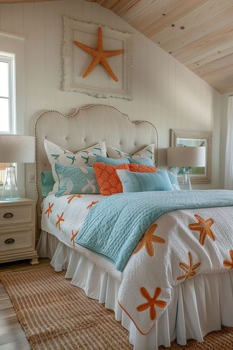 Whimsical Beach Bedroom, Coastal Bedrooms Master, Loft Living Room Decor, Industrial Loft Living Room, Sea Themed Room, Beach Theme Bedroom, Boho Coastal Bedroom, Interior Bedroom Design, Coastal Bedroom Ideas