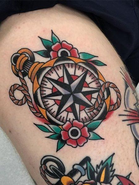 30 Incredible American Traditional Tattoo Designs - The Trend Spotter Traditional Nautical Tattoo, Traditional Compass Tattoo, Tattoo American Traditional, Nautical Compass Tattoo, Tato Tradisional, Compass Rose Tattoo, Traditional Tattoo Inspiration, Traditional Style Tattoo, Compass Tattoo Design