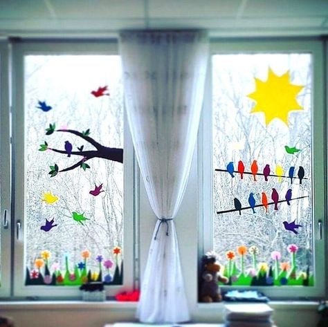 Spring Window Decorations, Spring Window Display, Spring Arts And Crafts, Classroom Window, Coastal Curtains, Fun Worksheets For Kids, Pillows Ideas, Rugs Ideas, Class Displays