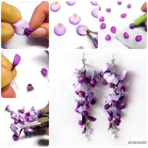 How to Make Wisteria Flower Earrings out of Polymer Clay Flori Din Lut, Polymer Clay Kunst, Wisteria Flower, Polymer Flowers, Polymer Clay Flower Jewelry, ดินปั้น Polymer Clay, Polymer Clay Jewelry Tutorials, Tanah Liat, Polymer Clay Diy