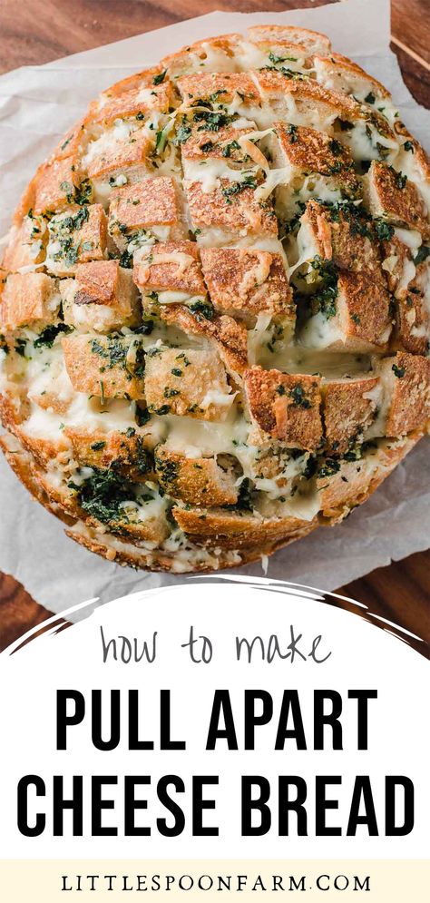 Pull Apart Sourdough Cheese Bread, Garlic Cheese Sourdough Bread, Sourdough Bread Appetizer, Pull Apart Sourdough Bread, Homemade Garlic Cheese Bread, Sourdough Cheese Bread, Little Spoon Farm, Pull Apart Cheese Bread, Bread Pull Apart Recipes