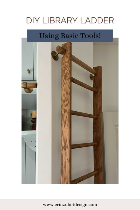 A full tutorial on how to build your own DIY wood library ladder, saving thousands of dollars compared to custom! Library Shelf Ladder, Diy Wooden Ladder Decor, Diy Bookcase Ladder, Library Ladder In Pantry, Office With Library Ladder, Diy Sliding Ladder, Ladder In Pantry, Tall Bookshelves With Ladder, Diy Bookshelf Ladder