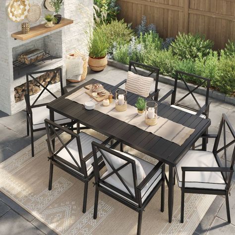 Modern Outdoor Dining Sets, Black Metal Dining Chairs, Dining Table Outdoor, Backyard Table, Outdoor Patio Table, Outdoor Dining Spaces, Backyard Furniture, Table Outdoor, Aluminum Patio