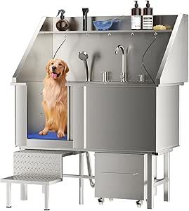 ROOMTEC 304 Stainless Steel Dog Washing Station, 50 Inch Professional Dog Grooming Tub, Pet Bathtub with Sink, Storage Drawer,Ladder Dog Grooming Tubs, Washing Station, Wall Insert, Dog Washing Station, Fire Pit Furniture, Bathtub Walls, Appliances Storage, Crib Toys, Dog Wash