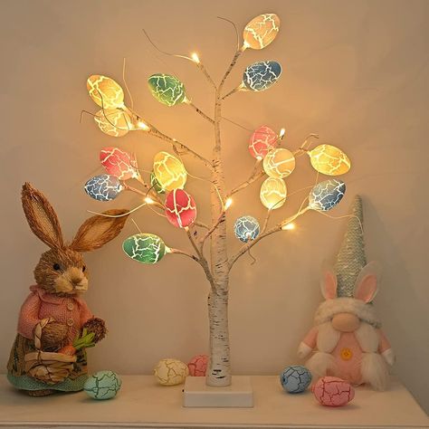 A Colorful Centerpiece: Kemooie 24 inch Pre-lit White Birch Tree Centerpiece Birch Tree Decor, Fun Easter Decorations, Tree Centerpiece, Egg Ornaments, White Birch Trees, Easter Egg Tree, Egg Tree, Easter Egg Ornaments, Spring Centerpiece