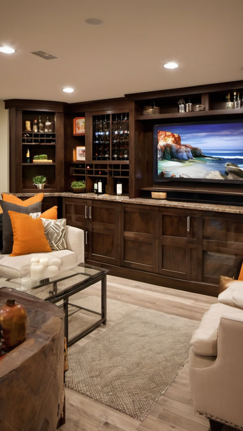 Raise a Glass to Basement Happiness: At-Home TV Bar Designs! Tv Wall With Bar Unit, Tv Wall Design Basement, Tv And Bar Wall Unit, Bar And Tv Wall, Tv Bar Wall Ideas, Home Bar With Tv, Basement Bar With Tv, Family Room Flooring, Bar With Tv