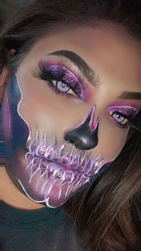 #purple #skull #skulltress #glitter #glittermakeup #halloween #halloweenmakeup #makeup Skeleton Makeup Purple, Purple Skeleton Makeup, Purple Makeup Halloween, Glitter Skeleton Makeup, Purple Skull Makeup, Halloween Makeup Purple, Rhinestone Skull Makeup, Pretty Skull Makeup, Pink Skull Makeup