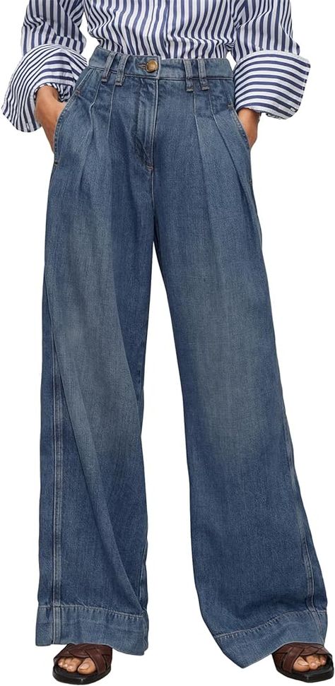 PLNOTME Women's High Waisted Wide Leg Jeans Baggy Mom Casual Denim Pants Wash Blue at Amazon Women's Jeans store Jeans And Bodysuit, High Waisted Wide Leg Jeans, Jeans Store, Metallic Jeans, Types Of Jeans, Casual Denim Pants, Baggy Style, Jean Trends, High Waisted Flares