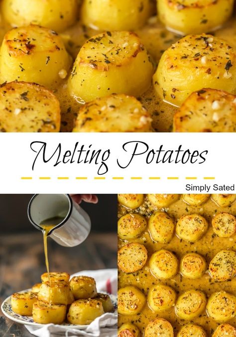 Melting Potatoes have crispy outsides, creamy soft insides and are surrounded by an herby, buttery, savory sauce. They are easy and always get rave reviews. Melting Potatoes fit right in at any family meal or served on a silver platter at an elegant dinner party. Enjoy! Simply Sated Melting Potatoes Recipe, Melting Potatoes, Fondant Potatoes, Oven Roasted Potatoes, The Cookie Rookie, Cookie Rookie, Easy Potato Recipes, Potato Recipes Side Dishes, Impressive Recipes