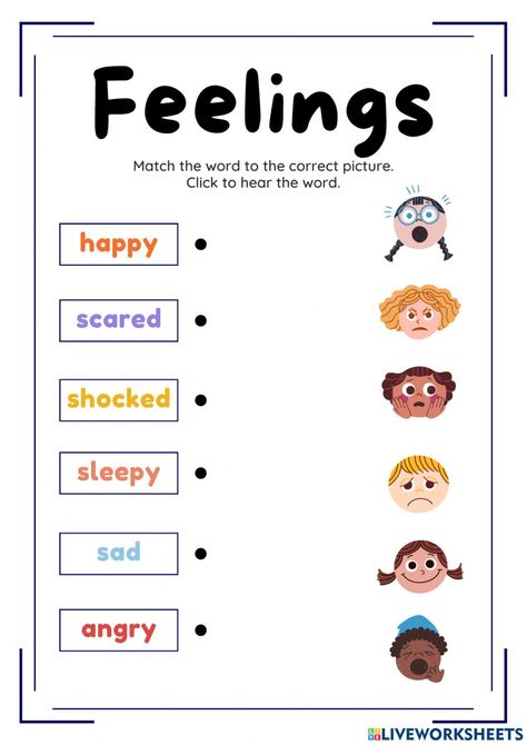 Preschool Feelings, Preschool Emotions, Emotions Worksheet, Character Emotions, Feelings Preschool, Match Worksheet, Emotions Preschool, Elementary Worksheets, Worksheet Preschool