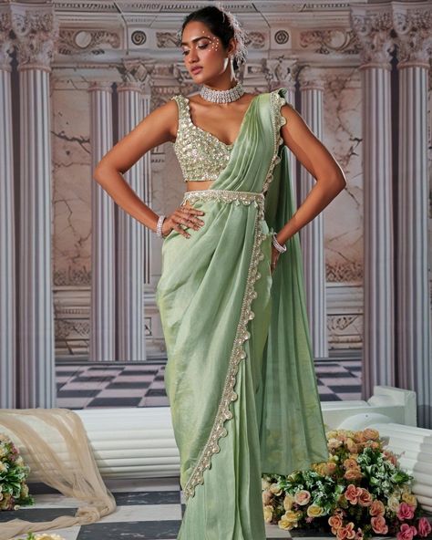 Gorgeous greens in classic silhouettes 💞 Find it on Fabilicious 🌟 WhatsApp us on +91 99992 89222 for any queries 🌟Made to Measure 🌟Personal service with VC for measurements 🌟 Trusted Brand #indianwedding #indiandesigner #weddingcollection #lavender #newcollection #indianwedding #sangeet #saree #print #printed #sangeetlehenga #ethnicwear #handcrafted ## bride #bridalwear #lehenga #ethnicwear #green Green Sari, Drape Sarees, Green Drapes, Draped Saree, Saree And Blouse, Gown Skirt, Padded Blouse, Embroidered Belt, Vacuum Storage