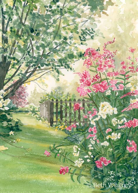 "Sun streams through the trees and early morning mist in this beautiful garden. The scene is a private garden on the Blue Hill peninsula in Maine. The summer phlox and rustic garden fence are wonderful together. This is one of my favorite paintings. Giclee print of \"Misty Morning\" is from an original watercolor painting by Beth Whitney. Gardens bring such joy and peace, whether you are enjoying it in person or as fine art. This giclee print would make a wonderful gift for someone who loves gar Funny Vine, Romantic Wall Art, Garden Drawing, Garden Watercolor, Misty Morning, Walled Garden, Art Aquarelle, 수채화 그림, Garden Painting