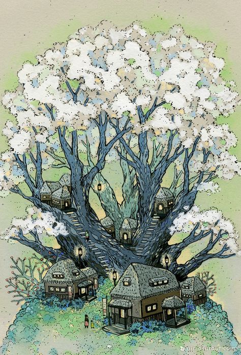 Tree Town, Story Books Illustrations, Postcard Set, Building Art, Drawing Stuff, Fantasy Landscape, Cartoon Illustration, Art Stuff, Artist Art