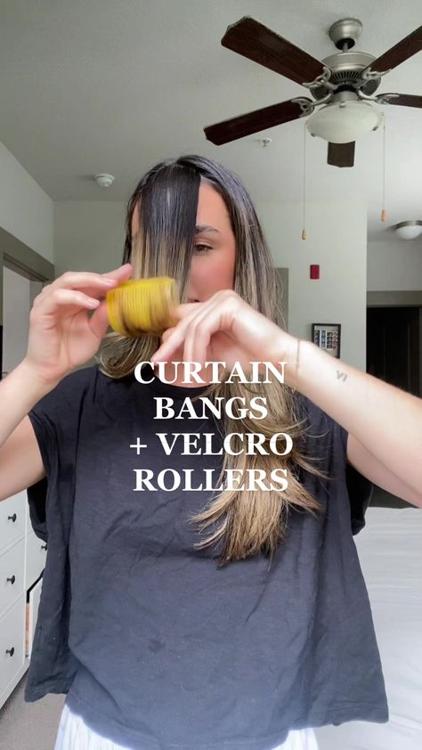 Bri Rubinich on TikTok Velcro Roller Curtain Bangs, How To Curl Bangs With Rollers, How To Curl Short Bangs, Styling Curtain Bangs With Rollers, Rollers For Curtain Bangs, How To Style Curtain Bangs With Rollers, How To Use Rollers In Hair, How To Style Curtain Bangs Tutorial, How To Curl Curtain Bangs