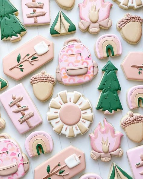 Glamping Cookies Decorated, Camp Cookies Decorated, Camping Themed Cookies, Camping Sugar Cookies, End Of Summer Cookies, Camp Bachelorette Cookies, Girl Scout Bachelorette Party, Camping Cookies Decorated, One Happy Camper First Birthday Girl