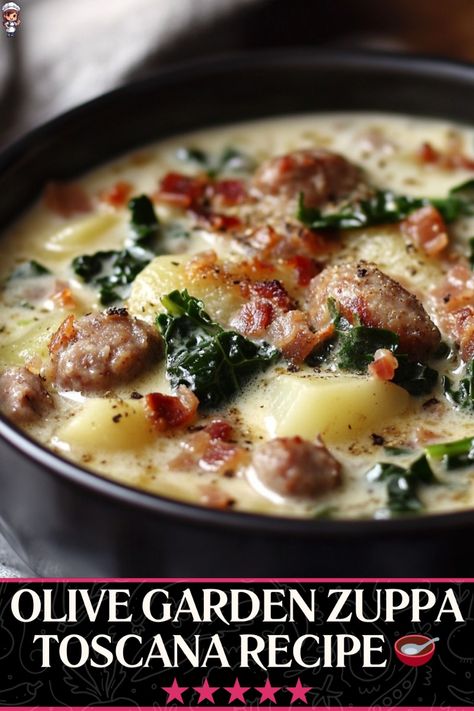 Enjoy the flavors of Olive Garden at home with this easy Zuppa Toscana copycat recipe. This hearty soup is packed with sausage, potatoes, kale, and a rich creamy broth, perfect for a comforting meal any day. #ZuppaToscana #CopycatRecipe #OliveGarden Olive Garden Soup Recipes Zuppa, Zupa Toscana Soup, Copycat Zuppa, Zuppa Toscana Soup Olive Garden, Copycat Zuppa Toscana, Potatoes And Kale, Zuppa Soup, Olive Garden Soups, Olive Garden Zuppa Toscana