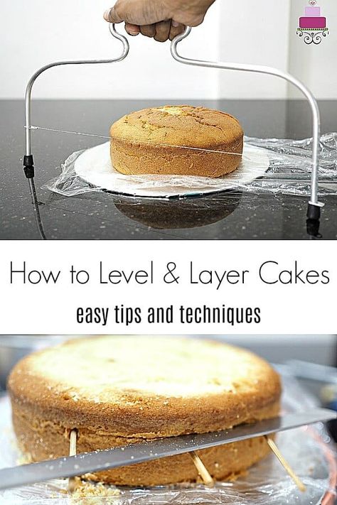 Learn how to level a cake and layer a cake with this tutorial. It teaches you various techniques and tools that are available for you to achieve best results when levelling and layering cakes. Layering Cakes, Fondant Cake Tutorial, Multi Layer Cake, One Layer Cakes, Cake Leveler, Flat Cakes, Single Layer Cakes, Quick Cake, Basic Cake