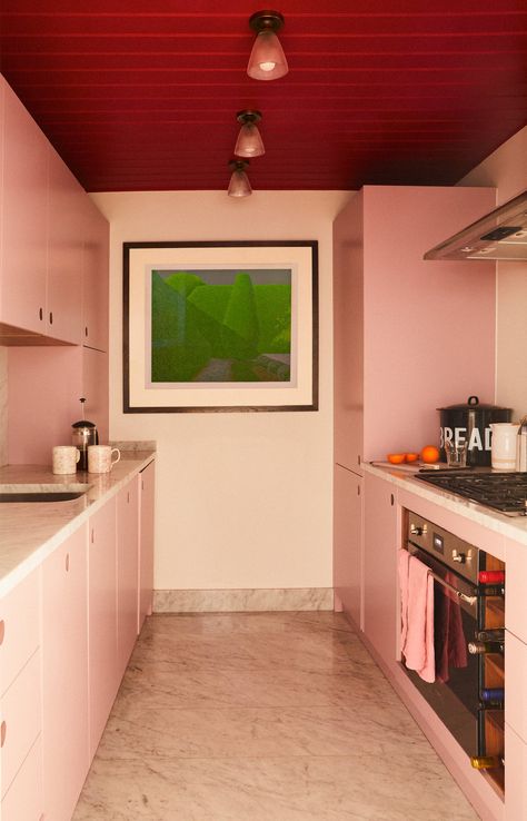 Windowless Kitchen, Buchanan Studio, Pink Kitchen Cabinets, Red Ceiling, Mews House, Built In Cabinet, Big Kitchen, Kitchen Cabinet Colors, Red Kitchen