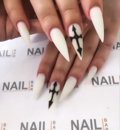 Gothic White Nails, Goth White Nails, White Emo Nails, White Witch Nails, White Gothic Nails, Ice Nine Kills Nails, Nail Ideas Stilletos, Black Alt Nails, Nails Acrylic Goth