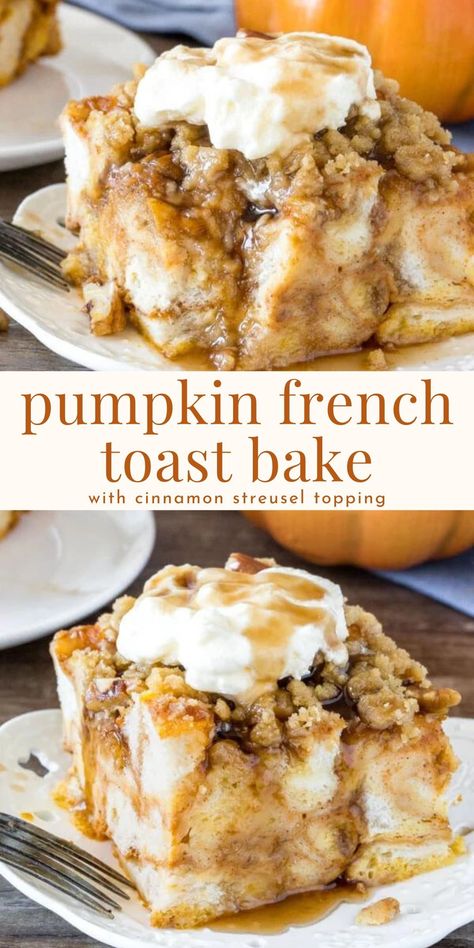 This pumpkin French toast casserole is extra fluffy with a comforting pumpkin spice flavor and cinnamon streusel on top. It's the perfect breakfast for when you have visitors because you can prep everything the night before and pop in the oven to bake the next morning #pumpkinspice #breakfastcasserole #breakfast #pumpkinfrenchtoast #frenchtoastbake #frenchtoastcasserole from Just so Tasty https://www.justsotasty.com/pumpkin-french-toast-casserole/ Canned Pumpkin Recipes Dessert, Pumpkin French Toast Bake, Pumpkin Pie Breakfast, Pumpkin French Toast Casserole, Dessert Pumpkin, Fall Recipes Breakfast, Thanksgiving Brunch, Pumpkin Breakfast, Pumpkin French Toast