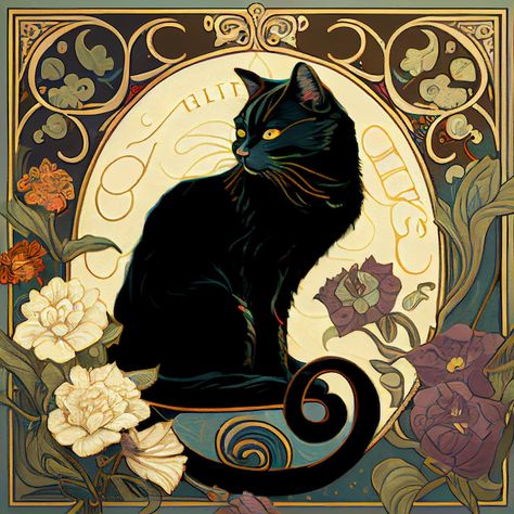 BodegaCatsOfNewYork - Etsy Cat With Rose, Art Nouveau Cat, Kunst Inspo, Drawing Hands, Art Nouveau Illustration, Drawing Eyes, Seni 2d, Art Nouveau Floral, Black Cat Art