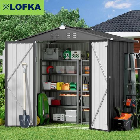 Organized Garden, Shed Tiny House, Outdoor Storage Solutions, Outdoor Storage Shed, Roof Overhang, Outside Storage, Metal Storage Sheds, Metal Storage Cabinets, Outdoor Storage Cabinet