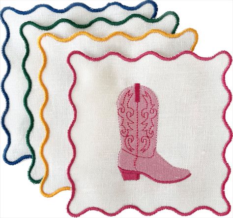 This playful border cowboy boot cocktail napkin is the perfect colorful gift for your bachelorette, housewarming, or any occasion. Bridesmaids Bachelorette, Cocktail Napkin, Colorful Gifts, Table Napkins, Cowboy Boot, Embroidery And Stitching, Cocktail Napkins, Set Design, Fort Worth