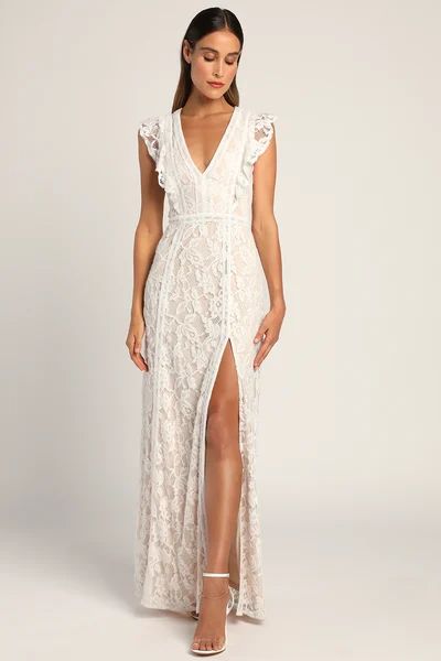 Engagement Photo Dresses | Engagement Photo Outfits for Women | Lulus Lulu's Wedding Dress, Semi Casual Wedding Dress, Wedding Dress With Ruffle Sleeves, White Wedding Sundress, Casual Lake Side Wedding, Lace Elopement Dress, Casual Wedding Dress With Sleeves, Casual Second Wedding Dress, 3rd Marriage Wedding Dress